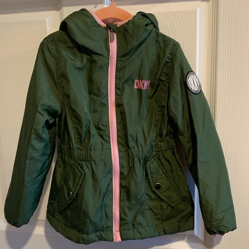 DKNY Kids jacket in Forest Green with Pink Trim